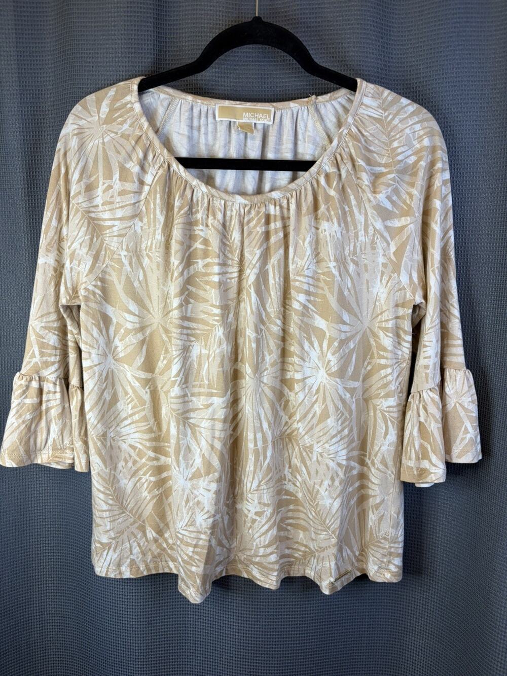 Michael Kors Women’s M Beige Palm Leaf Print Bell Sleeve Blouse Top